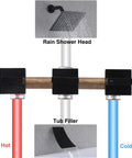 Three Handle Matte Black Tub And Shower Faucet Set With Waterfall Spout Four Point Eight Inch Tub Spout Trim Kit With Valve showing shower head, tub filler, and hot/cold controls.