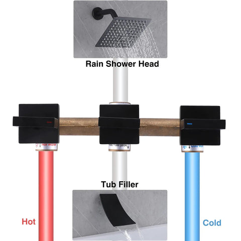 Three Handle Matte Black Tub And Shower Faucet Set With Waterfall Spout Four Point Eight Inch Tub Spout Trim Kit With Valve showing shower head, tub filler, and hot/cold controls.