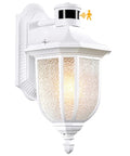 White motion sensor outdoor light with dusk to dawn, wall mount lantern, exterior porch fixture, auto on at night, energy saving