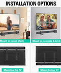 Installation options for Totally Locks In Soundbar Mount And TV Bracket showing various mounting positions. 20 lbs capacity.