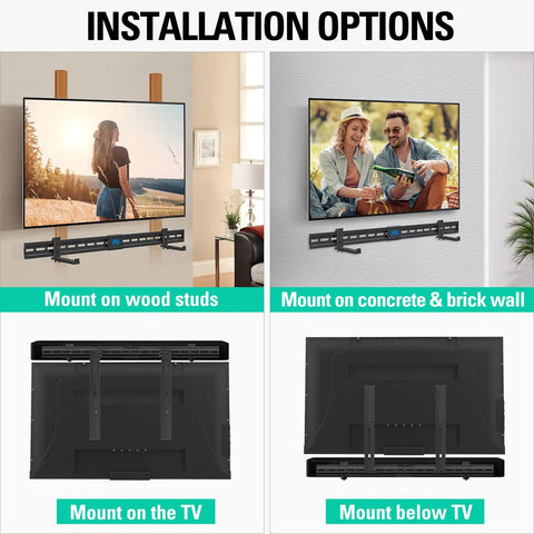 Installation options for Totally Locks In Soundbar Mount And TV Bracket showing various mounting positions. 20 lbs capacity.