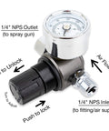 HVLP Spray Gun Air Regulator With Pressure Gauge And Diaphragm Control 0 To 150 PSI, showing knob, gauge, and inlet/outlet connections.