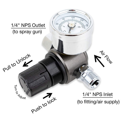 HVLP Spray Gun Air Regulator With Pressure Gauge And Diaphragm Control 0 To 150 PSI, showing knob, gauge, and inlet/outlet connections.