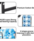 Heavy Duty 3 Tier 5 Gallon Water Jug Rack showcasing carbon steel, 500lbs load capacity, and U-shaped grooves for stability.