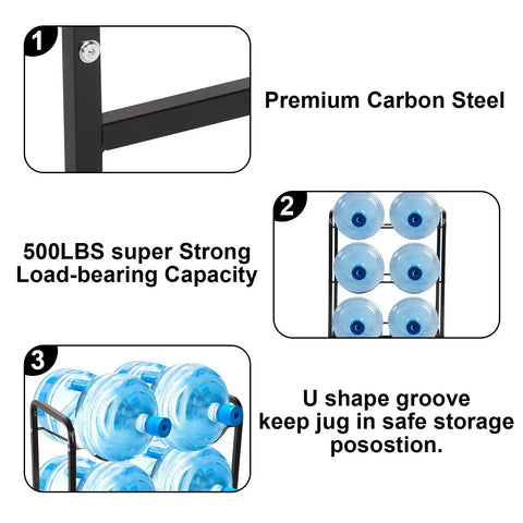 Heavy Duty 3 Tier 5 Gallon Water Jug Rack showcasing carbon steel, 500lbs load capacity, and U-shaped grooves for stability.