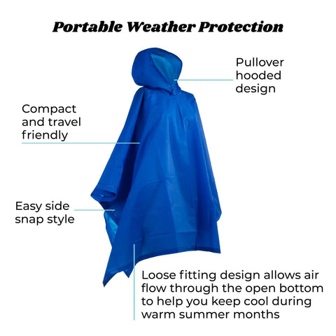 Adult Lightweight Hooded Packable Poncho With Side Snaps For All Weather Protection, Go To Rain Gear That Packs Into Its Own Pouch