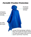 Blue Lightweight Hooded Packable Poncho With Side Snaps For Adults Travel Ready Rain Gear That Packs Into Its Pouch Reusable