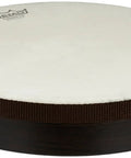 Premium Remo 10 Inch Fiberskyn Frame Drum With Acousticon Shell and Preatuned Head in a side view, showcasing the drum's surface and frame.