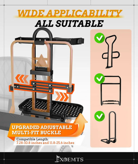 No Drill Golf Cart Rear Seat Bag Holder with adjustable multi-fit buckle, showing compatibility lengths 7.28-25.6 inches.