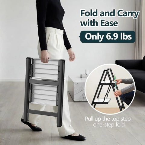 Foldable Two Step Ladder With 330 Pound Capacity Anti Slip Feet Sturdy Alloy Construction Compact Step Stool For Home Kitchen Closet Use Black And White, folded carry view