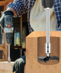 Hella Tight 4 Piece Forstner Bit Extension Shaft Extends Deep Hole Drilling Depth By Over Five Inches, shown in use with drill and wood.