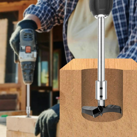 Hella Tight 4 Piece Forstner Bit Extension Shaft Extends Deep Hole Drilling Depth By Over Five Inches, shown in use with drill and wood.