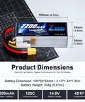 Graphene 4S LiPo Battery 14.8V 2200mAh 120C With XT60 Plug showing dimensions and weight on grid