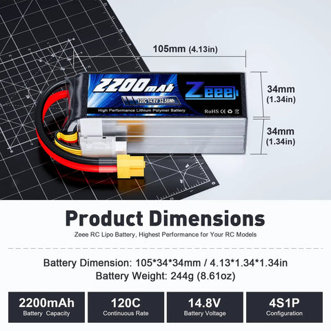 Graphene 4S LiPo Battery 14.8V 2200mAh 120C With XT60 Plug showing dimensions and weight on grid