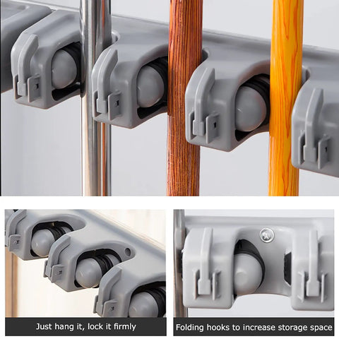 Close-up of stainless steel broom and mop organizer rack with five racks and six hooks, heavy duty floor mounted mop holder.