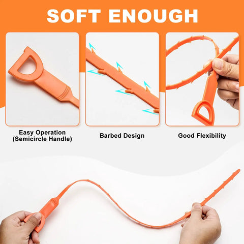 4 Pack 20 Inch Flexible Drain Snake Clog Remover Kit With Grip Handle For Hair And Debris In Sink Shower Tub And Toilet Easy To Use Drain Opener For Kitchen And Bathroom No Sweat Blockage Buster orange flexible snake with semicircle handle, barbed design