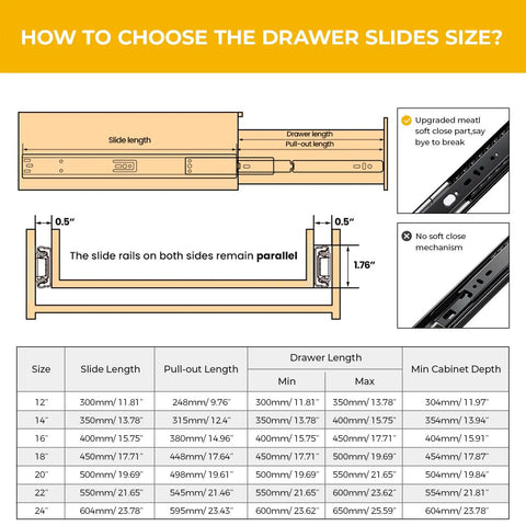 Diagram showing how to choose the drawer slides size with measurements for 22 Inch Black Soft Close Drawer Slides 20 Pack Full Extension 100Lb Capacity Side Mount Ball Bearing For Kitchen Cabinets Tough As Nails Heavy Duty Upgrade With Ultra Smooth Quiet Operation.