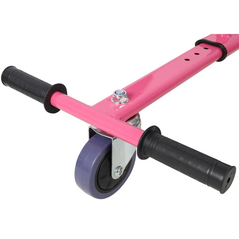 Hoverboard Seat Attachment For Kids And Adults, Adjustable Sturdy Go Kart Frame with soft pink handlebars and caster wheel close-up.