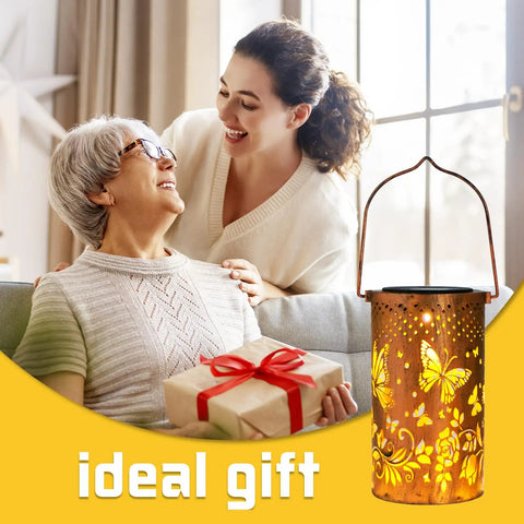 Outdoor Solar Lanterns Hanging Light With Butterfly Pattern Waterproof Led Garden Decor shown as a gift for women