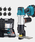 Cordless Hydraulic Hole Puncher with dual batteries and six die sets in carrying case, visible 150mm throat depth.