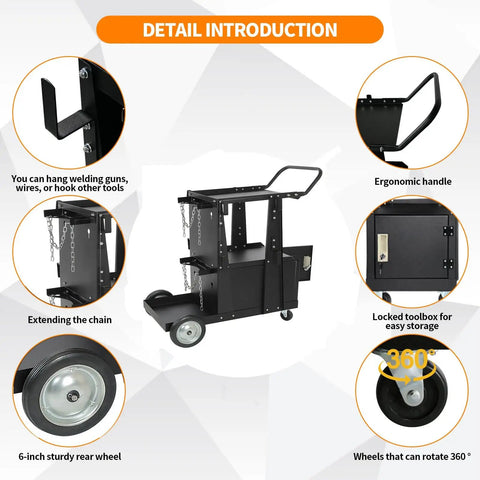 Beefy Heavy Duty Rolling Welder Cart With 360 Swivel Wheels, ergonomic handle, lockable toolbox, and extending chains