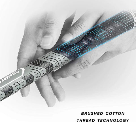 Hands gripping Premium Hybrid Golf Grips for men, gray oversize, half corded with all-weather performance and high control.