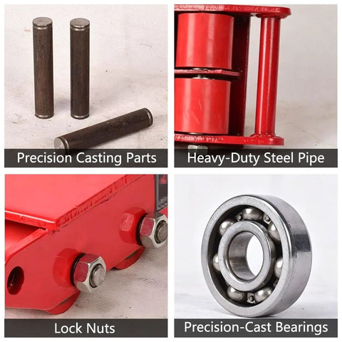 Components of Heavy Duty Moving Dolly for Machinery and Equipment, including steel pipe, lock nuts, precision parts, bearings