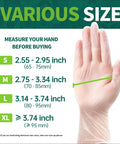 Hand wearing vinyl disposable exam glove next to size chart for Vinyl Disposable Exam Gloves Clear 4 Mil Powder Free Latex Free Medical Food Safe