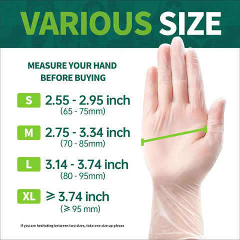 Hand wearing vinyl disposable exam glove next to size chart for Vinyl Disposable Exam Gloves Clear 4 Mil Powder Free Latex Free Medical Food Safe