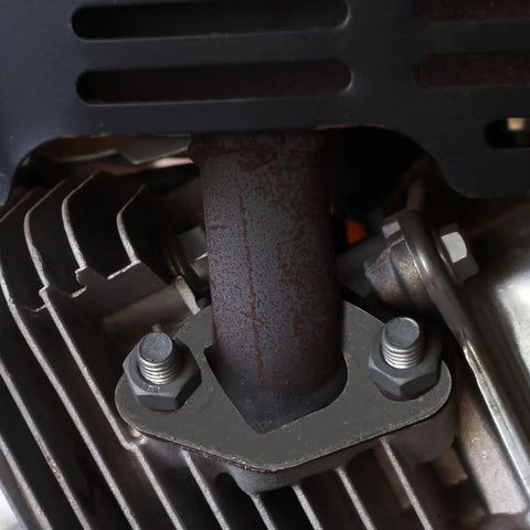 Close-up of Predator 212 Exhaust Muffler Gasket Kit for 212cc Non Hemi Carb Exhaust Pipe with mounting bolts and studs