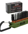 2 Inch Ball End Hex Bit Set, 20 Piece S2 Steel With Torsion Zone in compact holder with carabiner, box background