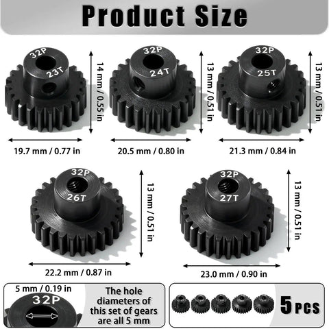 Beefy Hardened Steel Pinion Gear Set 32P 5mm Shaft 23T 24T 25T 26T 27T With M4 Screw And Hex Key For One Tenth Scale RC Cars