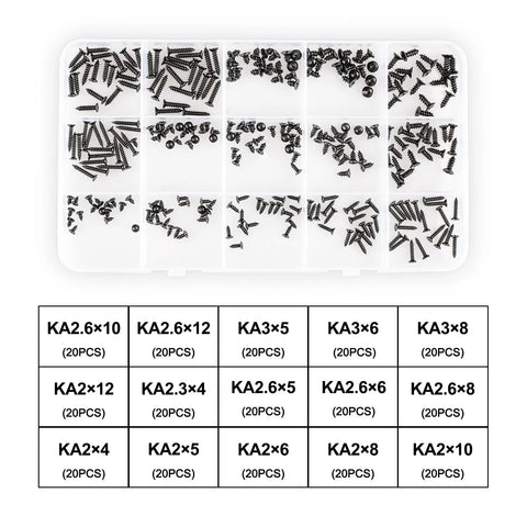 Image showing a labeled box of 300 Piece Black Laptop Screw Replacement Kit With Countersunk Self Tapping Screws KA2 KA2.6 KA3.