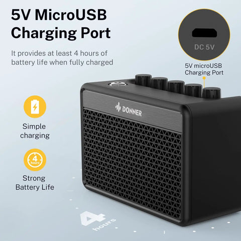 Portable 5W Mini Guitar Amp For Practice Jam Ready Compact Electric Guitar Amplifier With Built In Battery Four Hour Run Time USB Charging Cable Two Tone Channel Switch DA 10 with 5V microUSB charging port and four-hour battery life.