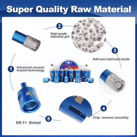 Vacuum Brazed Diamond Hole Saw and Drill Bit Set with 5/8-11 thread, high-grade diamond grit for porcelain tile drilling