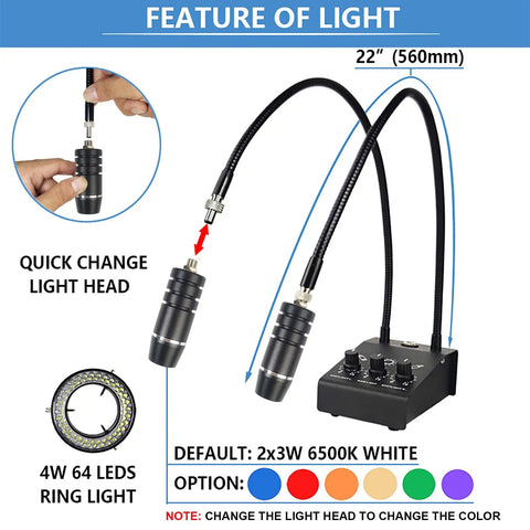 Dual Gooseneck 6W 6500K Spotlight For Microscope With 64 LED Ring Illuminator, Adjustable Light Head, 360 Degree Swivel, Lit Imaging Aid, Ultra Bright Imaging For Industrial Stereo Microscope, Camera, PCB Repair And Soldering showing dual gooseneck lamp and 64-LED ring