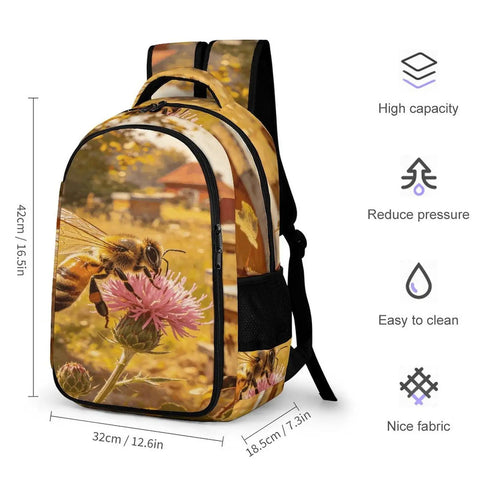 Bees And Wildflower Printed Unisex Backpack With Large Capacity, featuring beehive theme, showing side pocket and durable polyester