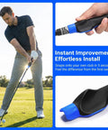 True Grip Trainer 2.0 Golf Grip Trainer For Right Hand ergonomic grip aid shown being installed on golf club, man practicing swing