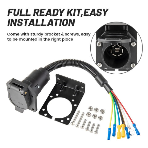 7 Way RV Trailer Light Connector Socket 7 Pin Wiring Harness with Mounting Bracket, wiring and screws shown
