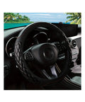 Premium Black Leather Steering Wheel Cover, Hella Soft Non Slip Grip on a car steering wheel interior view.