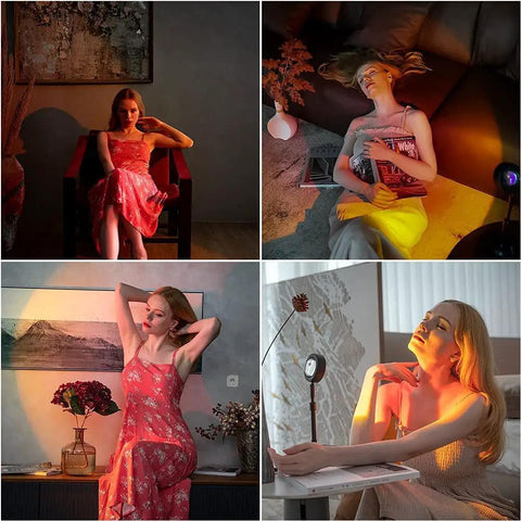 Woman relaxing in colorful sunset light from Sunset Lamp Projector LED Night Light With 180 Degree Rotation Rainbow Projection