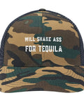 Funny Tequila Teaser Camouflage Trucker Hat For Men And Women with humor text on front panel, lightweight and breathable design.