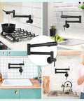 Wall Mount Pot Filler Faucet With Folding Double Arm Swing, 19 Inch Reach, Two Handles, Stainless Steel Matte Black in kitchen setups