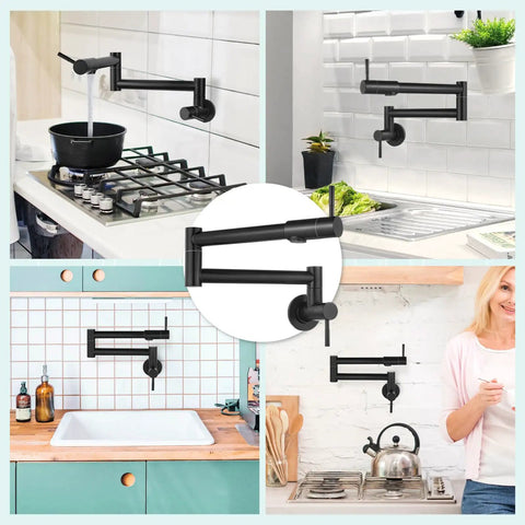 Wall Mount Pot Filler Faucet With Folding Double Arm Swing, 19 Inch Reach, Two Handles, Stainless Steel Matte Black in kitchen setups