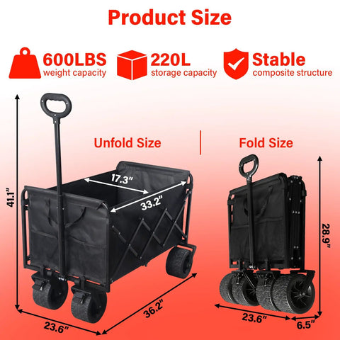 Collapsible Wagon Cart Foldable 600Lbs Heavy Duty Utility Wagon With All Terrain Wheels And Brakes shown unfolded and folded