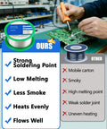 Comparison chart of lead free rosin core solder wire 1mm Sn99 Ag0.3 Cu0.7 30g pro grade fast melting no clean solder wire with smooth joints.