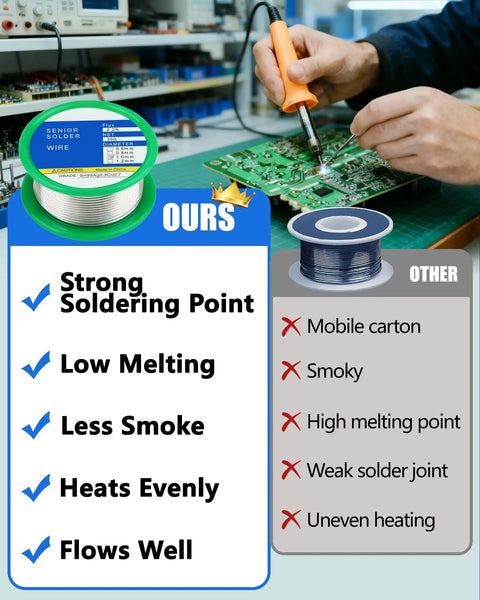 Comparison chart of lead free rosin core solder wire 1mm Sn99 Ag0.3 Cu0.7 30g pro grade fast melting no clean solder wire with smooth joints.