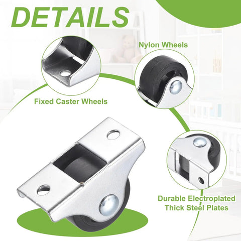 Legit Heavy Duty Ten Pack One Inch Black Nylon Mini Plate Casters With Screw Mount Metal Brackets Smooth Rolling Fixed Wheels for easy furniture movement.