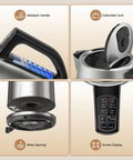 Six Preset Temperature Electric Kettle With Dope Precision Control, 1.7L Stainless Steel, showing handle and lid details