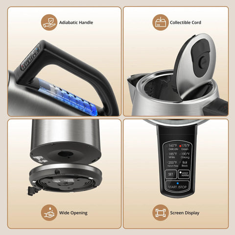 Six Preset Temperature Electric Kettle With Dope Precision Control, 1.7L Stainless Steel, showing handle and lid details